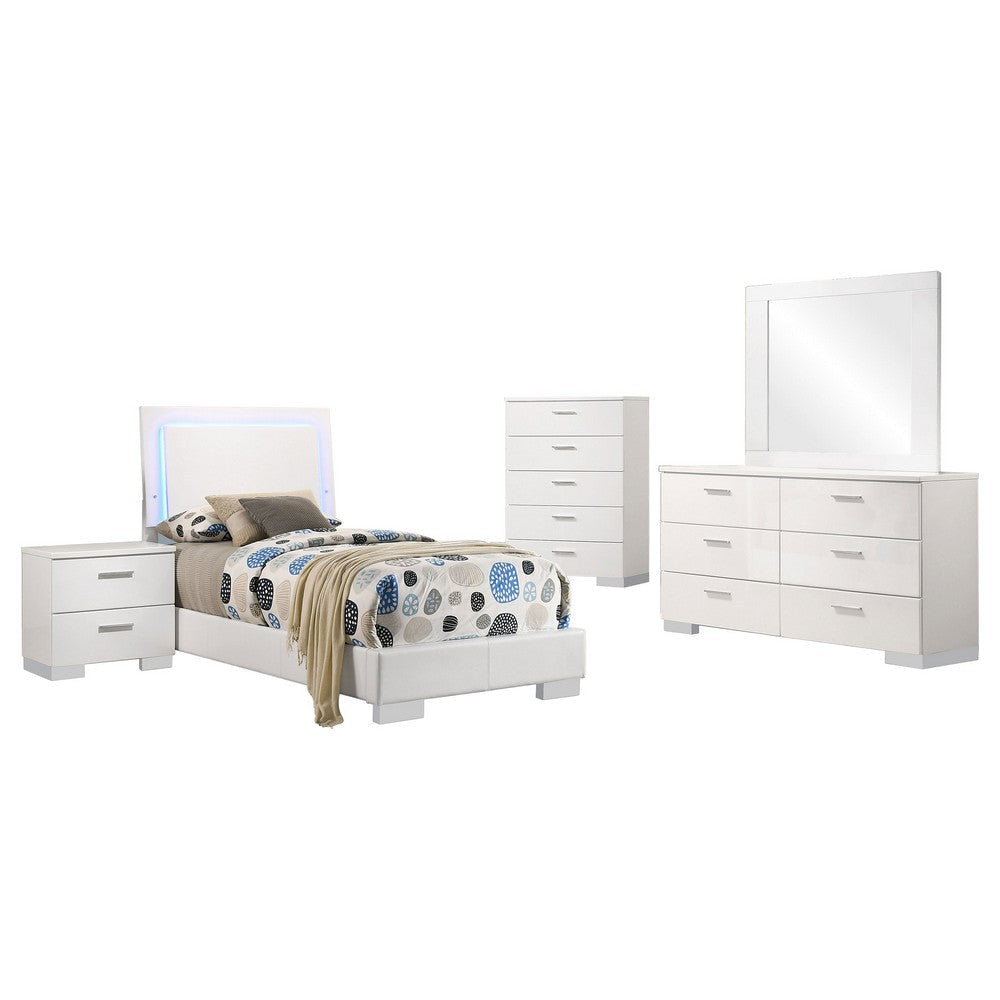Sok 5pc Twin Bedroom Set with Blue LED Lights | White High Gloss Wood