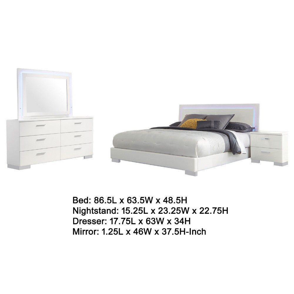 Sok 4pc Queen Bedroom Set | Faux Leather | Blue LED Lights | White