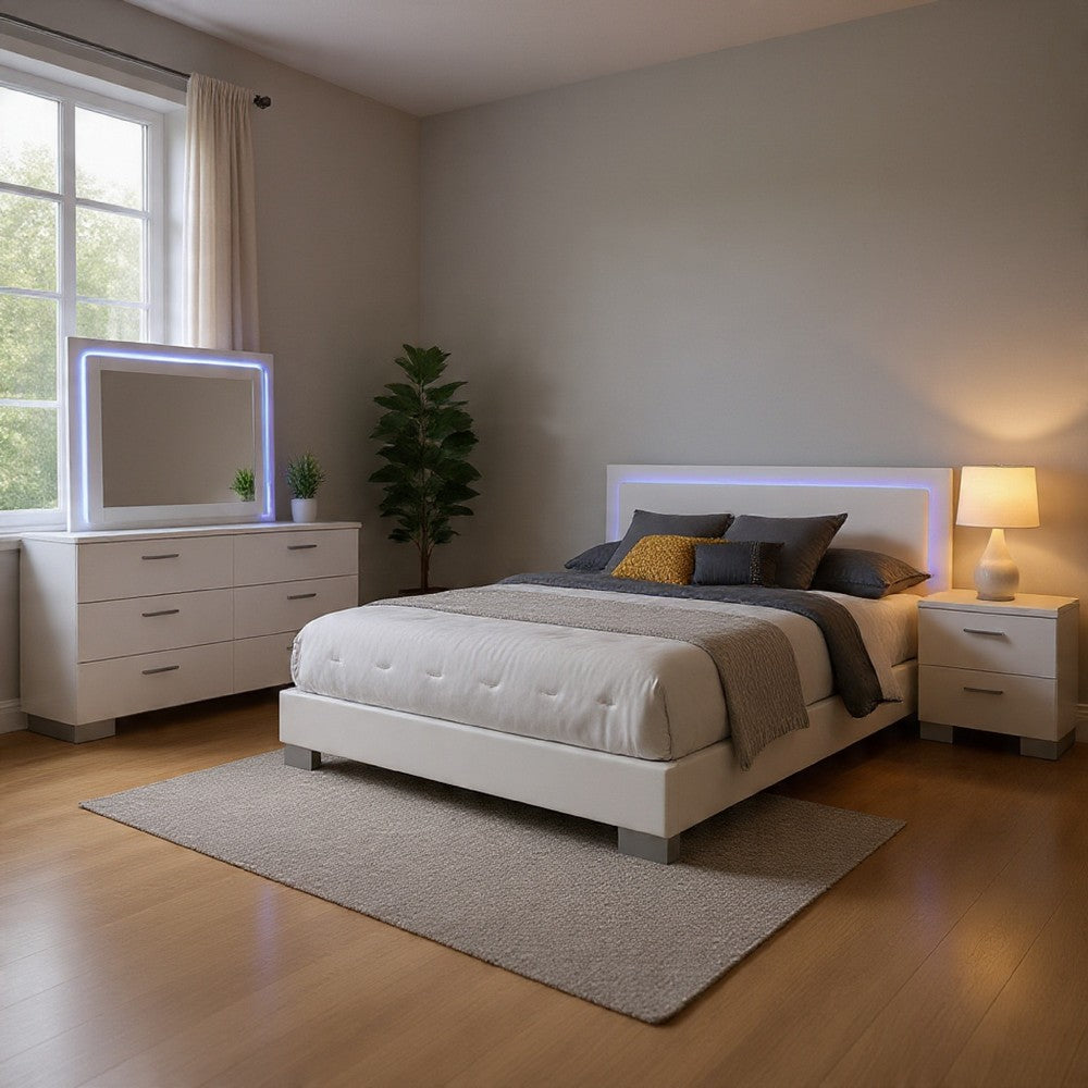 Sok 4pc Queen Bedroom Set | Faux Leather | Blue LED Lights | White