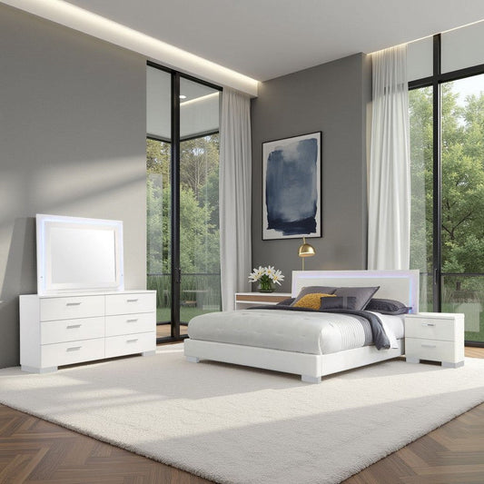 Sok 4pc Queen Bedroom Set | Faux Leather | Blue LED Lights | White