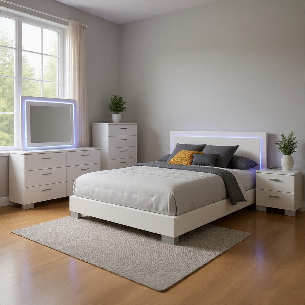 Sok 5pc Queen Bedroom Set | Faux Leather | Blue LED Lights | White