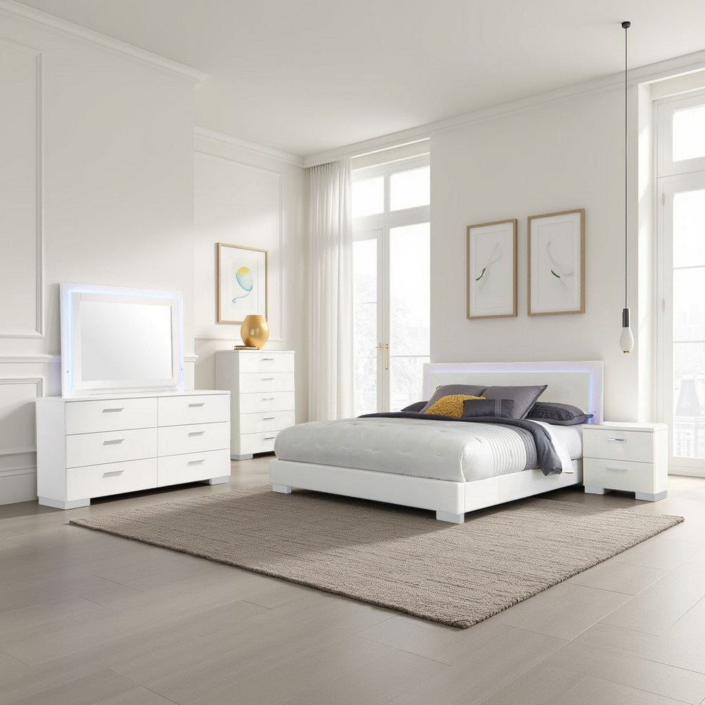 Sok 5pc Queen Bedroom Set | Faux Leather | Blue LED Lights | White