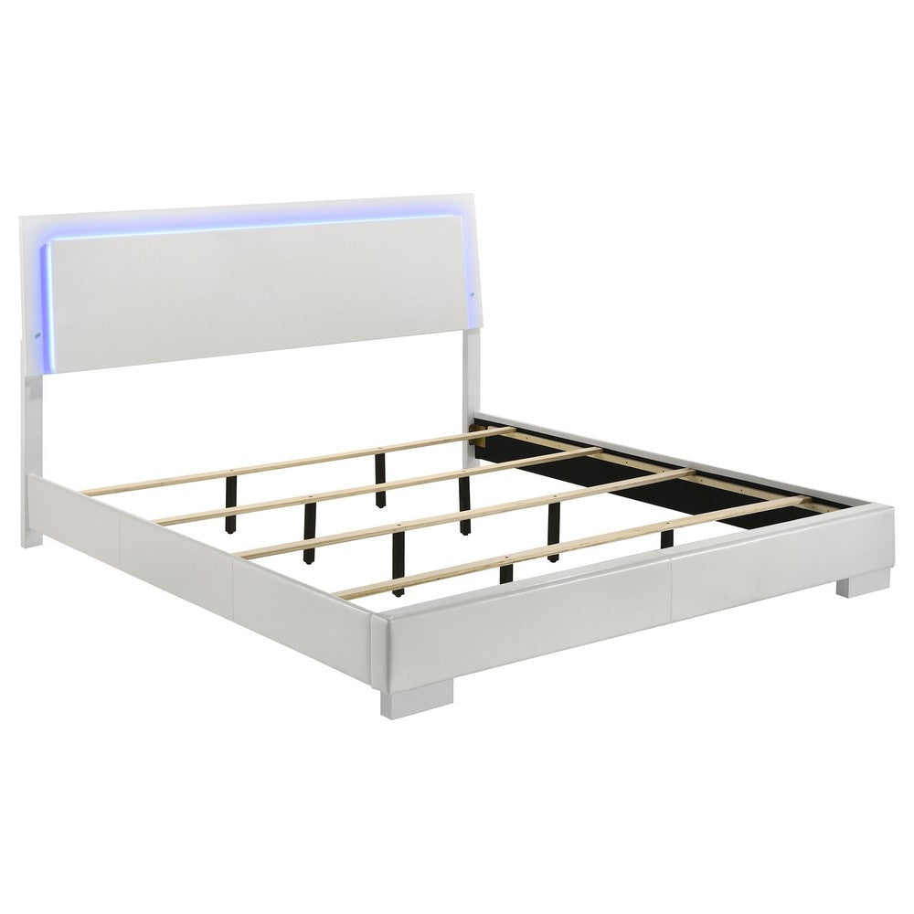 Sok 4pc King Bedroom Set | Blue LED Lights | Faux Leather | White Wood