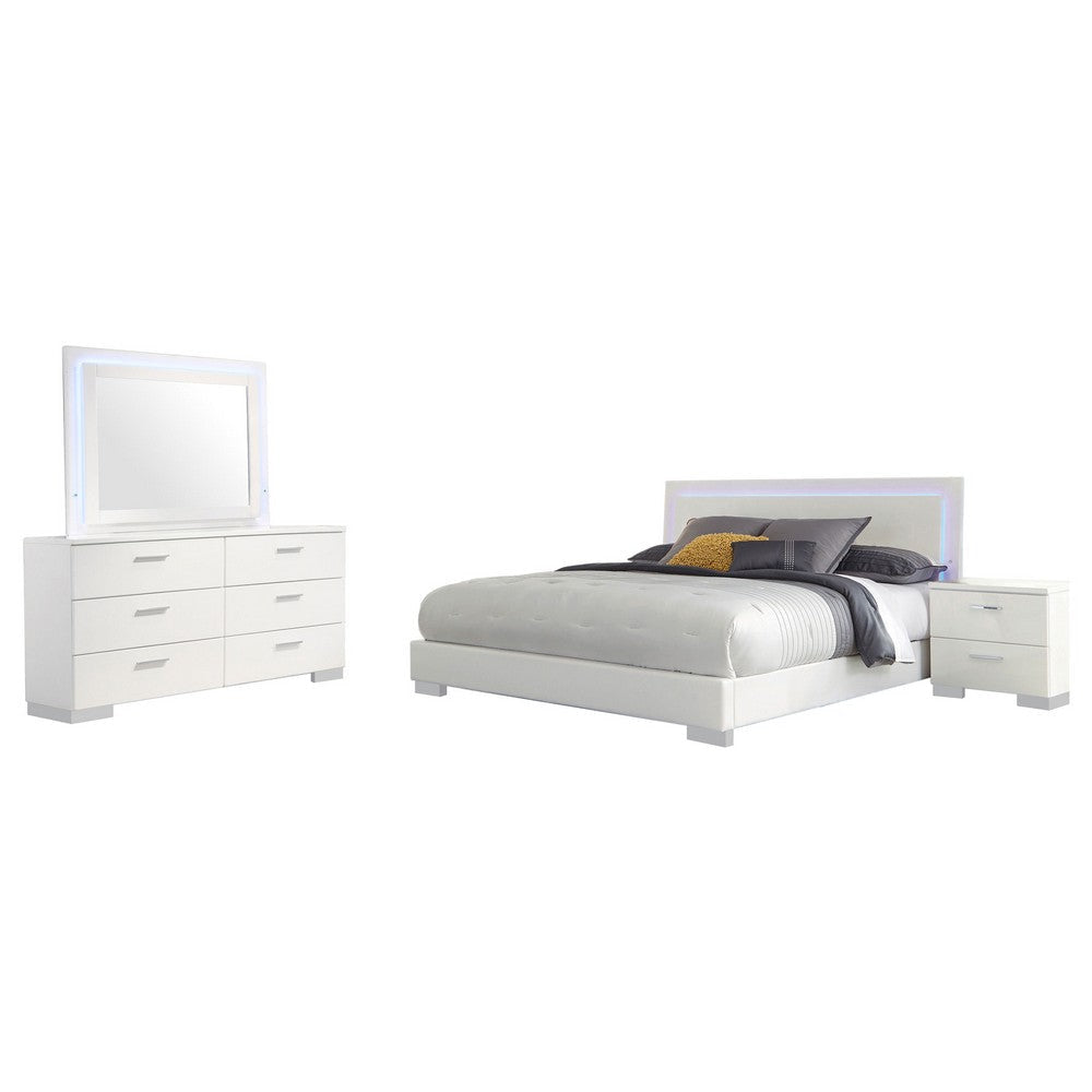 Sok 4pc King Bedroom Set | Blue LED Lights | Faux Leather | White Wood