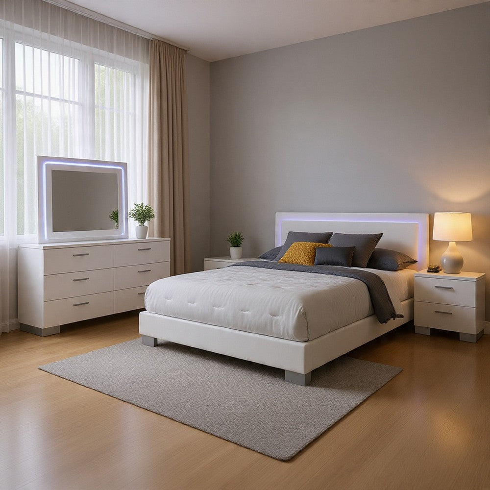 Sok 4pc King Bedroom Set | Blue LED Lights | Faux Leather | White Wood