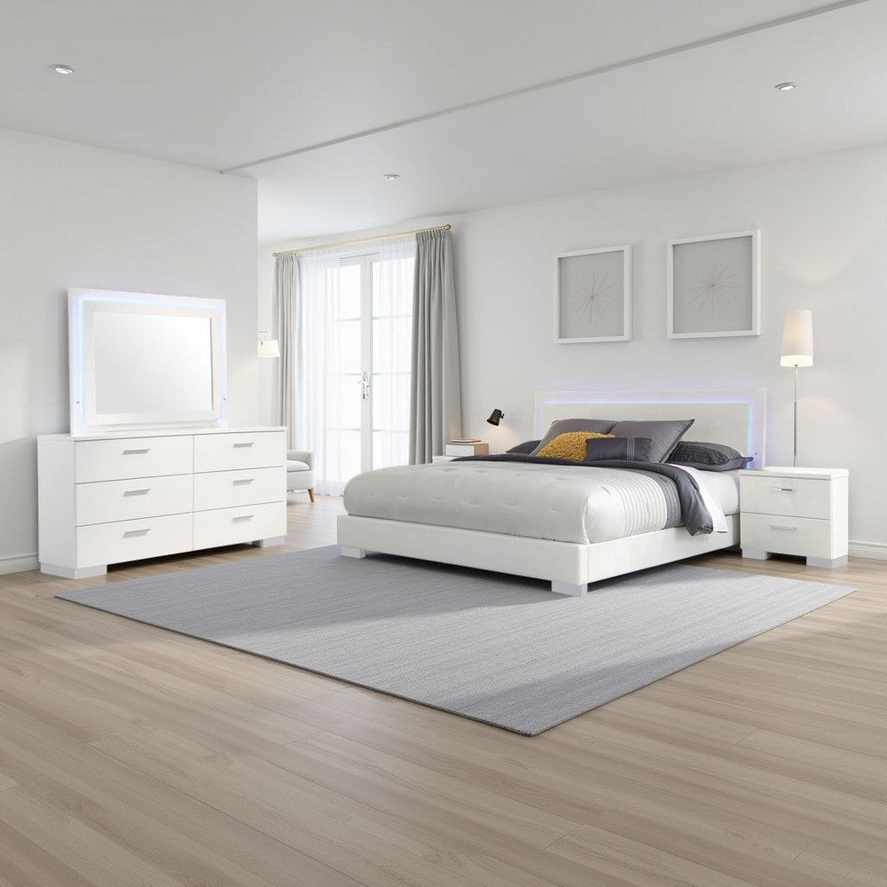 Sok 4pc King Bedroom Set | Blue LED Lights | Faux Leather | White Wood
