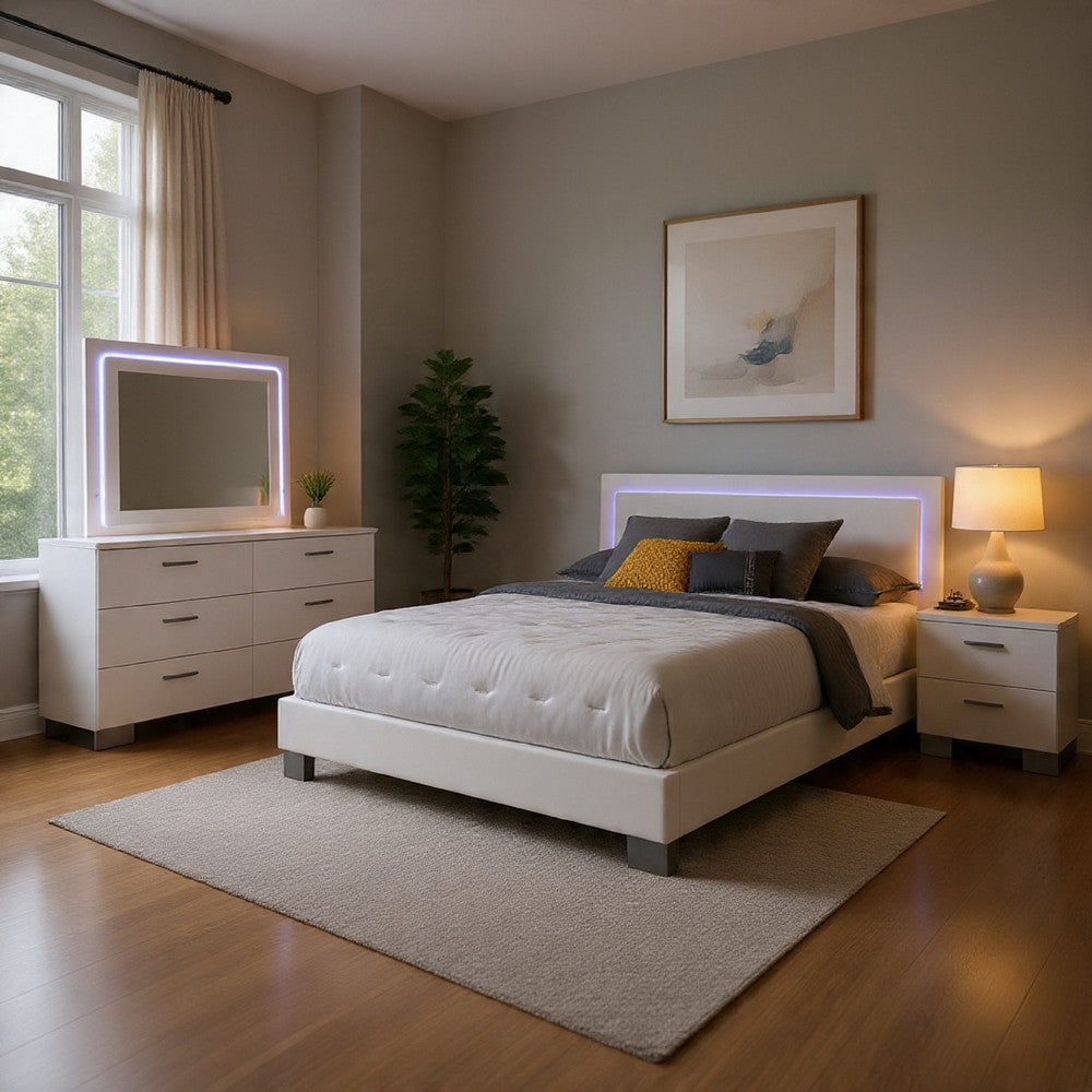 Sok 4pc King Bedroom Set | Blue LED Lights | Faux Leather | White Wood