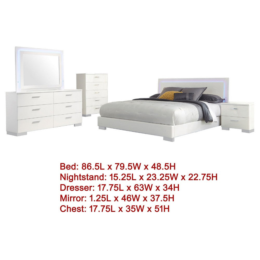 Sok 5pc King Bedroom Set | Blue LED Lights | Faux Leather | White Wood