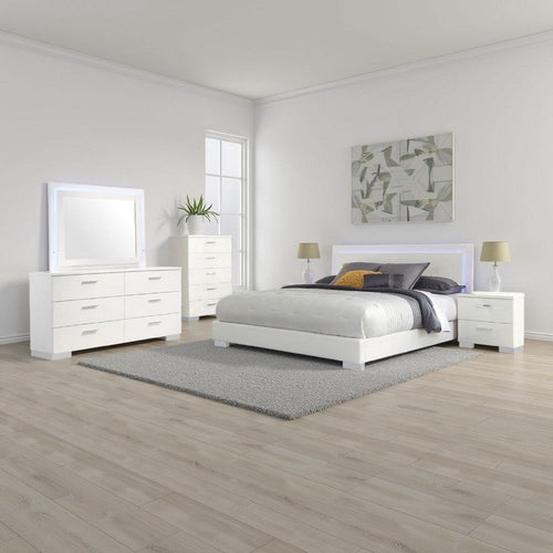 Sok 5pc King Bedroom Set | Blue LED Lights | Faux Leather | White Wood