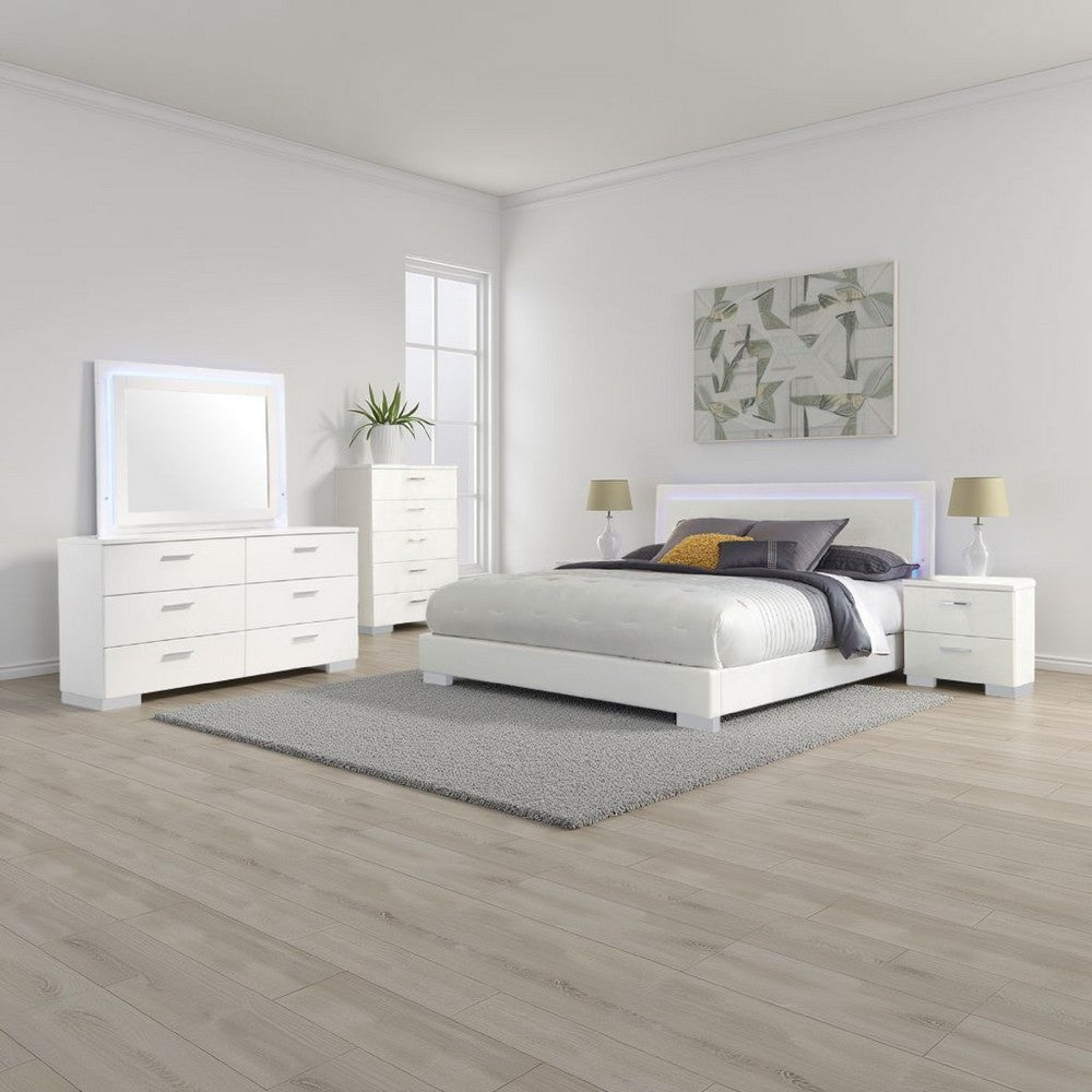 Sok 5pc King Bedroom Set | Blue LED Lights | Faux Leather | White Wood