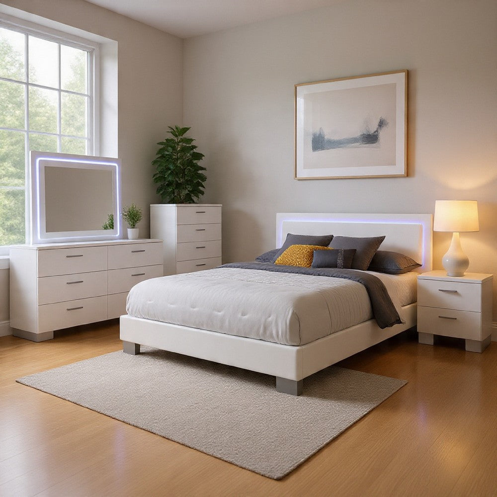 Sok 5pc King Bedroom Set | Blue LED Lights | Faux Leather | White Wood