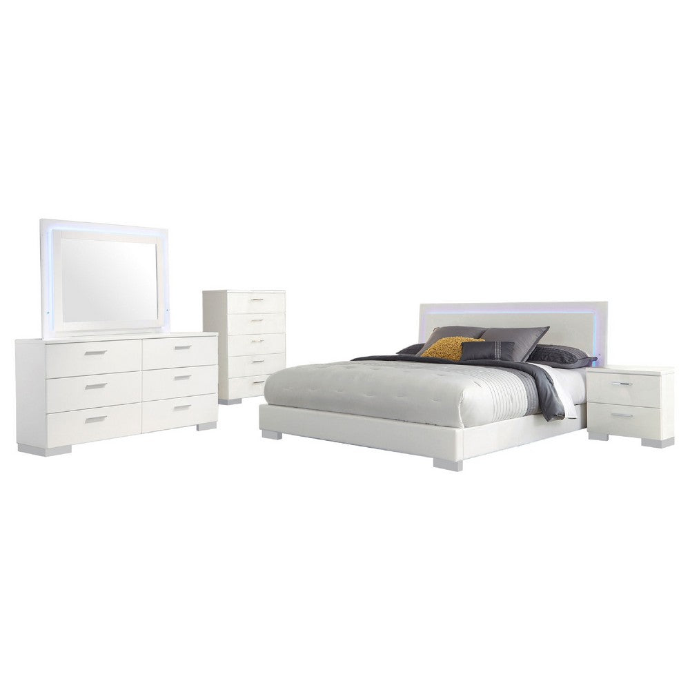 Sok 5pc King Bedroom Set | Blue LED Lights | Faux Leather | White Wood
