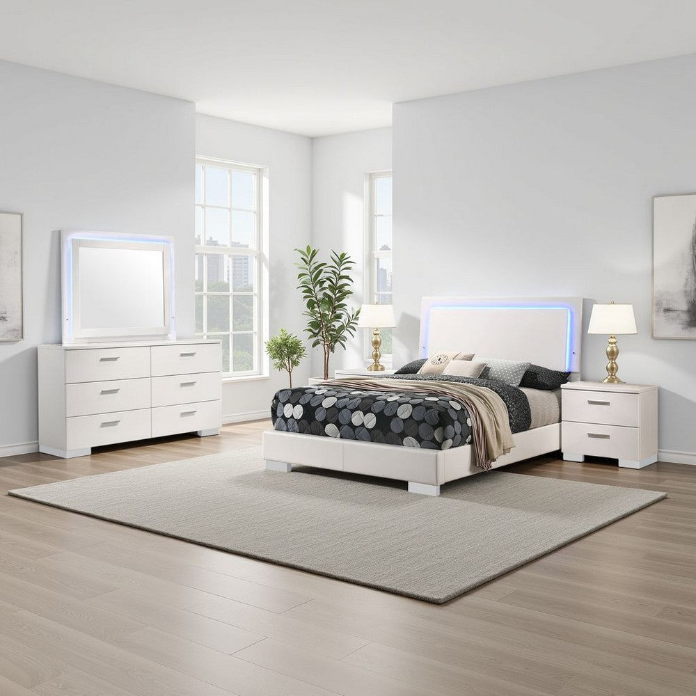 Sok 4pc Full Bedroom Set | Blue LED Lights | Faux Leather | White Wood