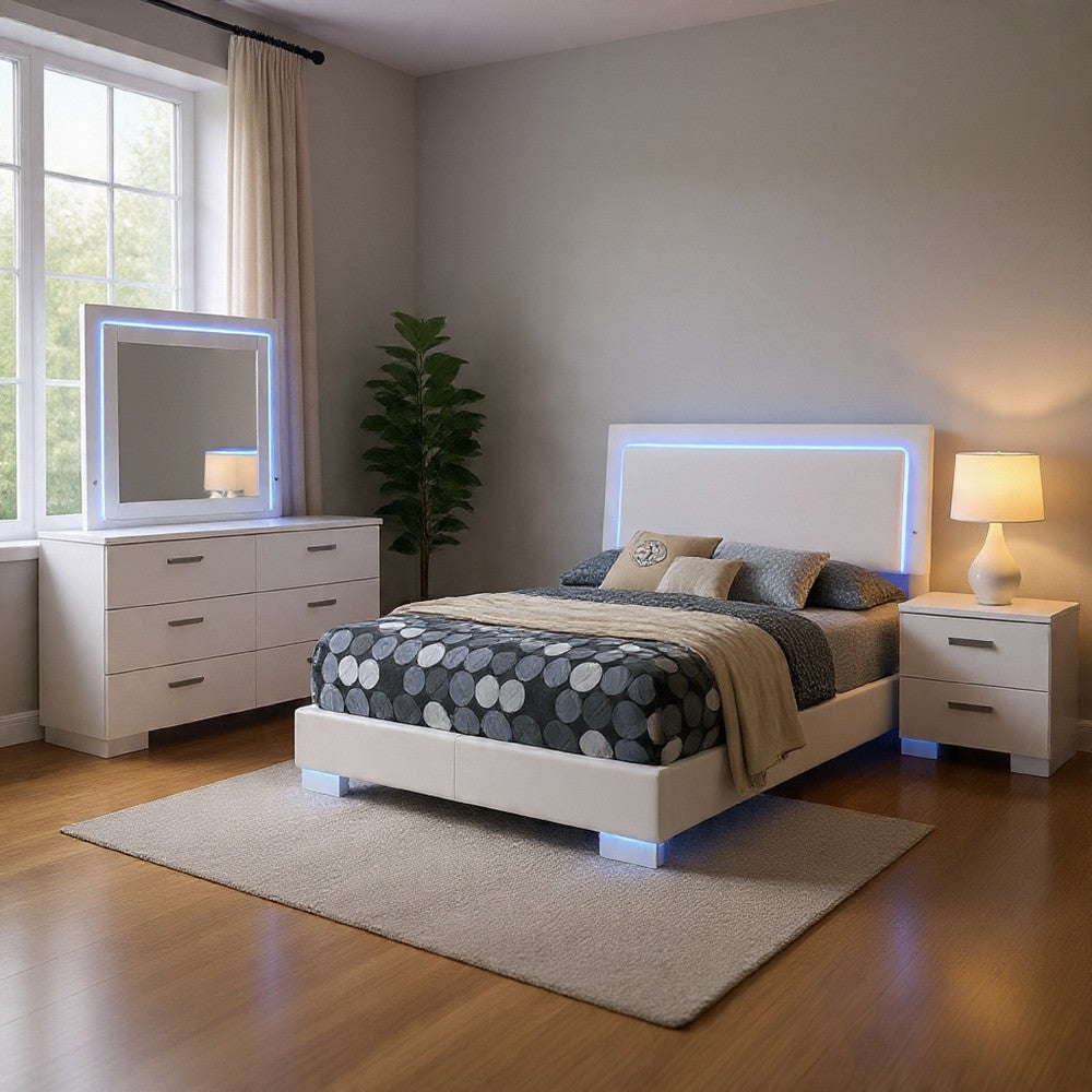 Sok 4pc Full Bedroom Set | Blue LED Lights | Faux Leather | White Wood
