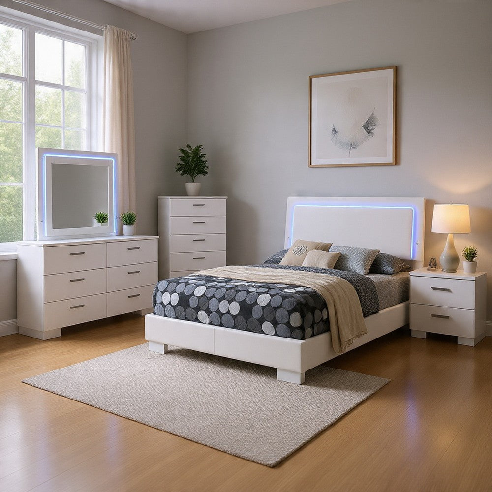 Sok 5pc Full Bedroom Set | Blue LED Lights | Faux Leather | White Wood
