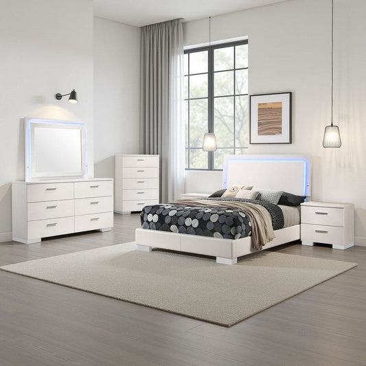 Sok 5pc Full Bedroom Set | Blue LED Lights | Faux Leather | White Wood
