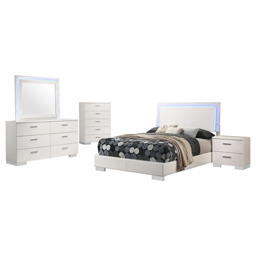 Sok 5pc Full Bedroom Set | Blue LED Lights | Faux Leather | White Wood