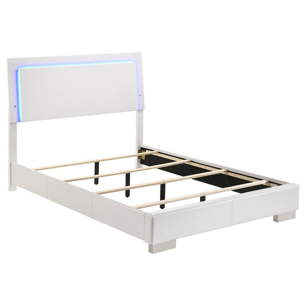Sok 4pc Twin Bedroom Set | Blue LED Lights | Faux Leather | White Wood