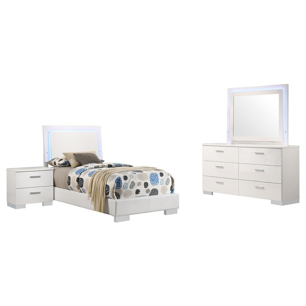 Sok 4pc Twin Bedroom Set | Blue LED Lights | Faux Leather | White Wood