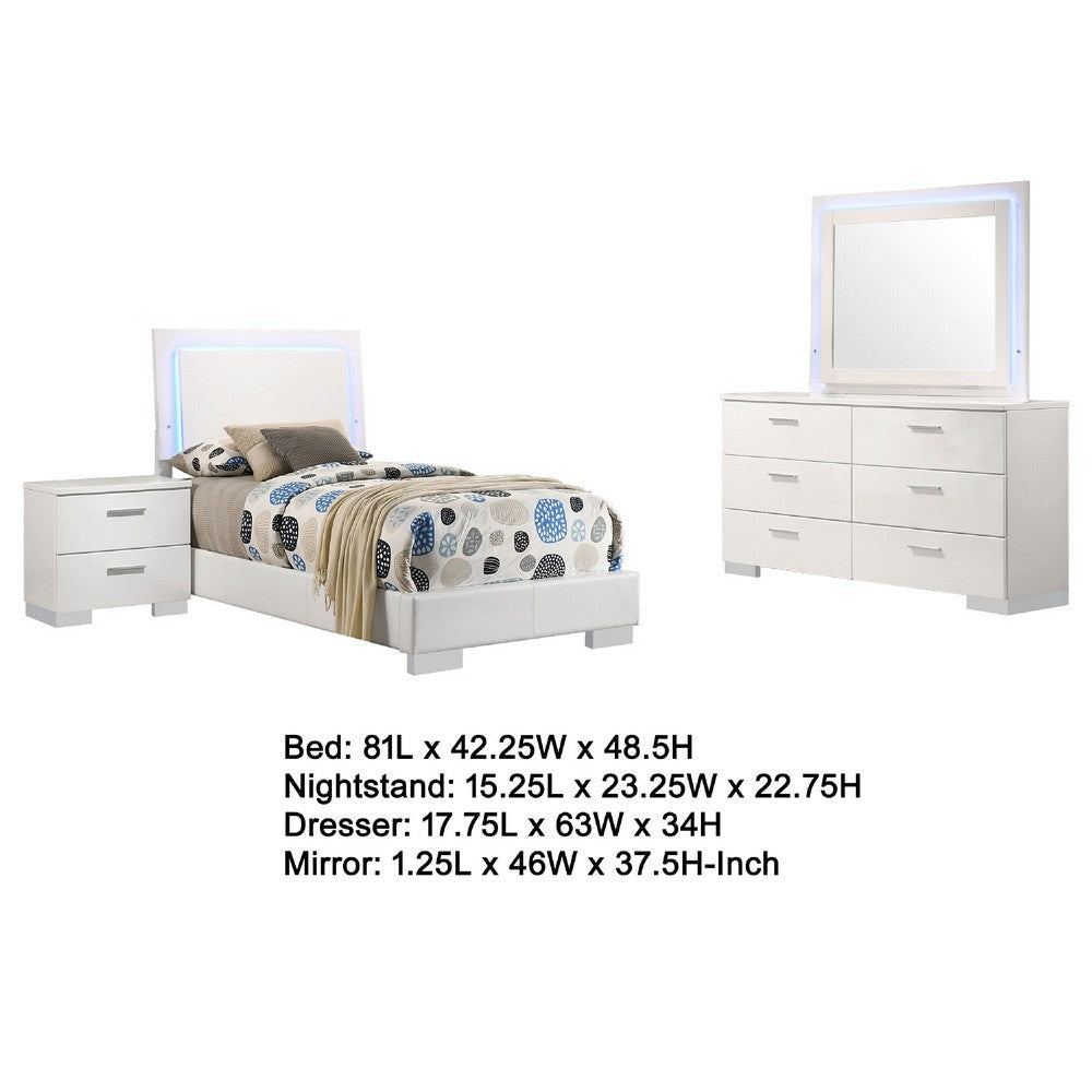 Sok 4pc Twin Bedroom Set | Blue LED Lights | Faux Leather | White Wood
