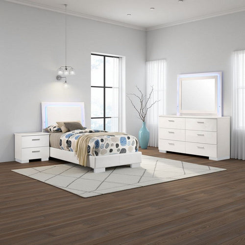 Sok 4pc Twin Bedroom Set | Blue LED Lights | Faux Leather | White Wood