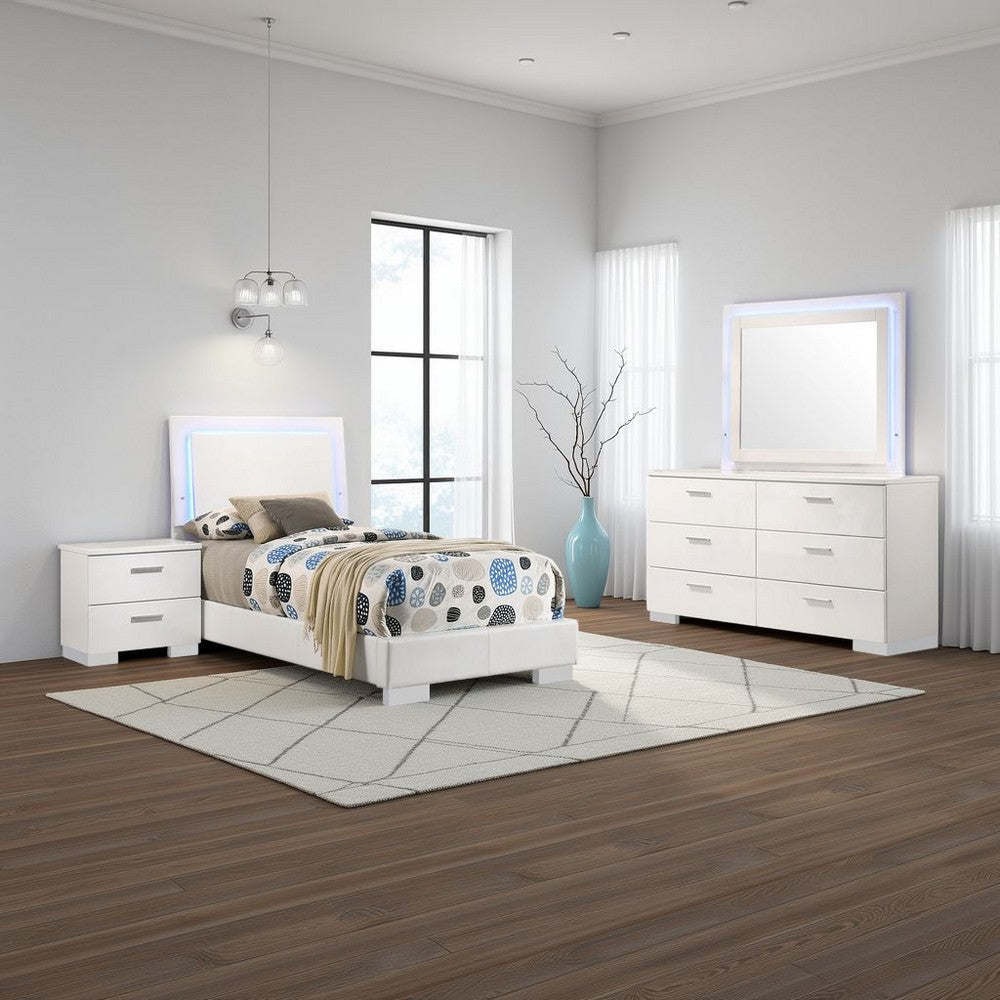 Sok 4pc Twin Bedroom Set | Blue LED Lights | Faux Leather | White Wood