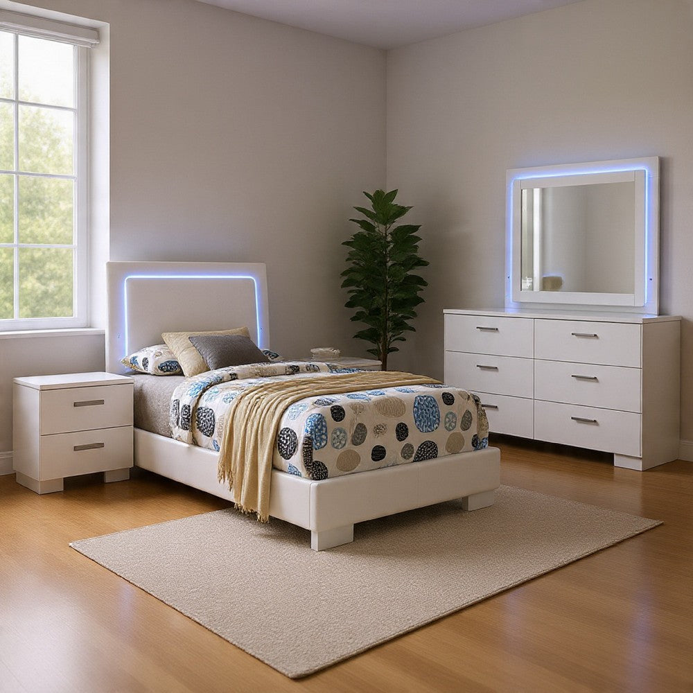 Sok 4pc Twin Bedroom Set | Blue LED Lights | Faux Leather | White Wood