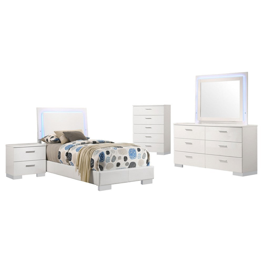 Sok 5pc Twin Bedroom Set | Blue LED Lights | Faux Leather | White Wood