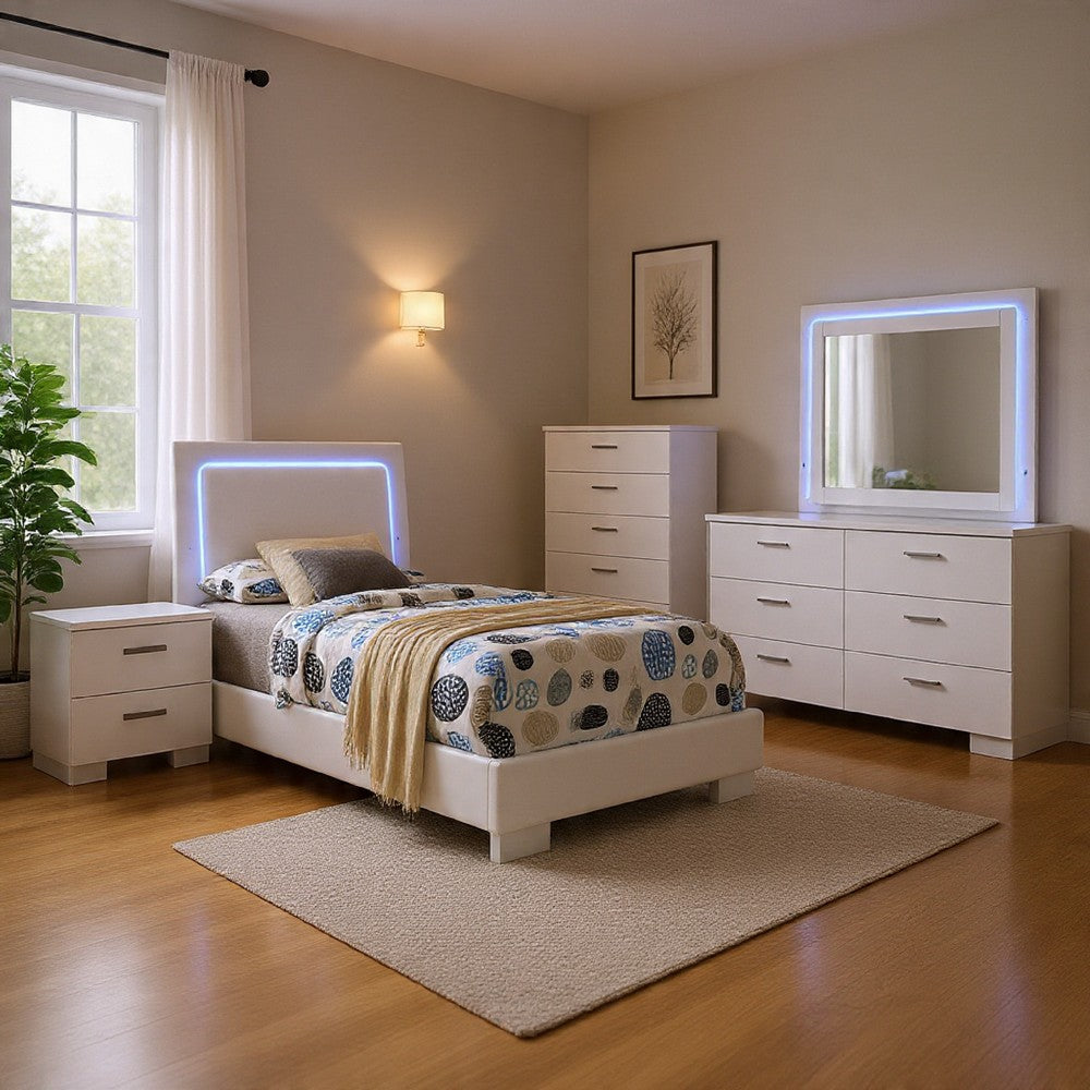 Sok 5pc Twin Bedroom Set | Blue LED Lights | Faux Leather | White Wood