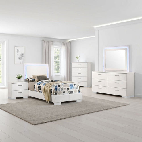 Sok 5pc Twin Bedroom Set | Blue LED Lights | Faux Leather | White Wood