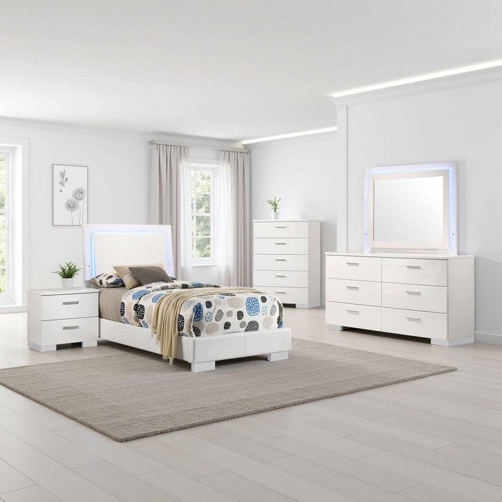 Sok 5pc Twin Bedroom Set | Blue LED Lights | Faux Leather | White Wood