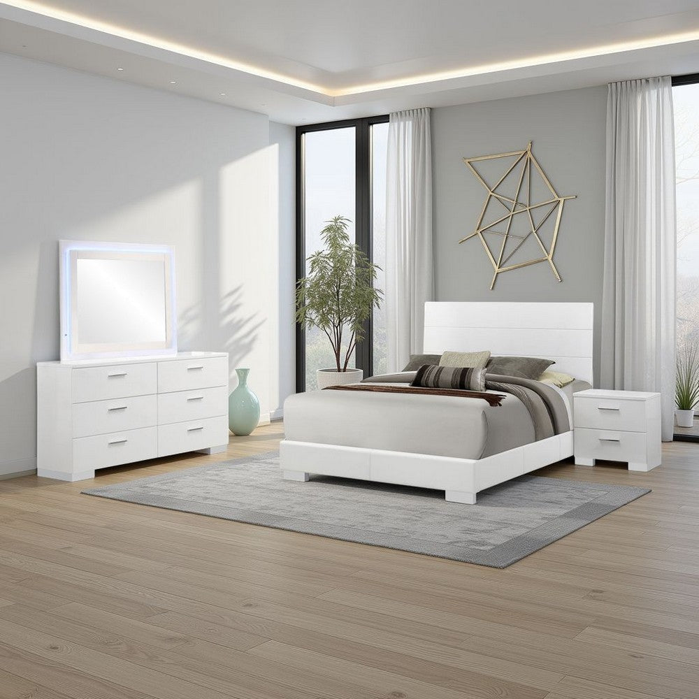 Sok 4pc Queen Bed Set | Blue LED Lights | Chrome Metal | White Wood