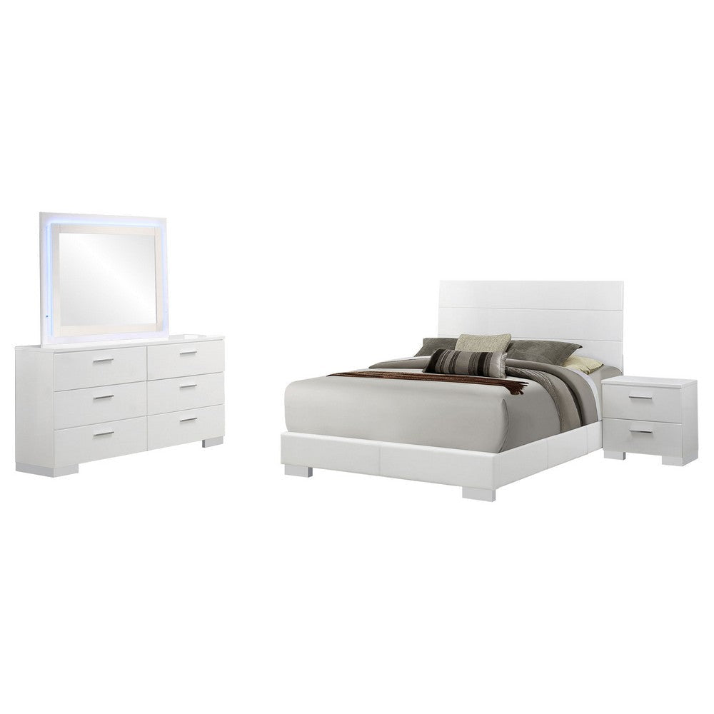 Sok 4pc Queen Bed Set | Blue LED Lights | Chrome Metal | White Wood