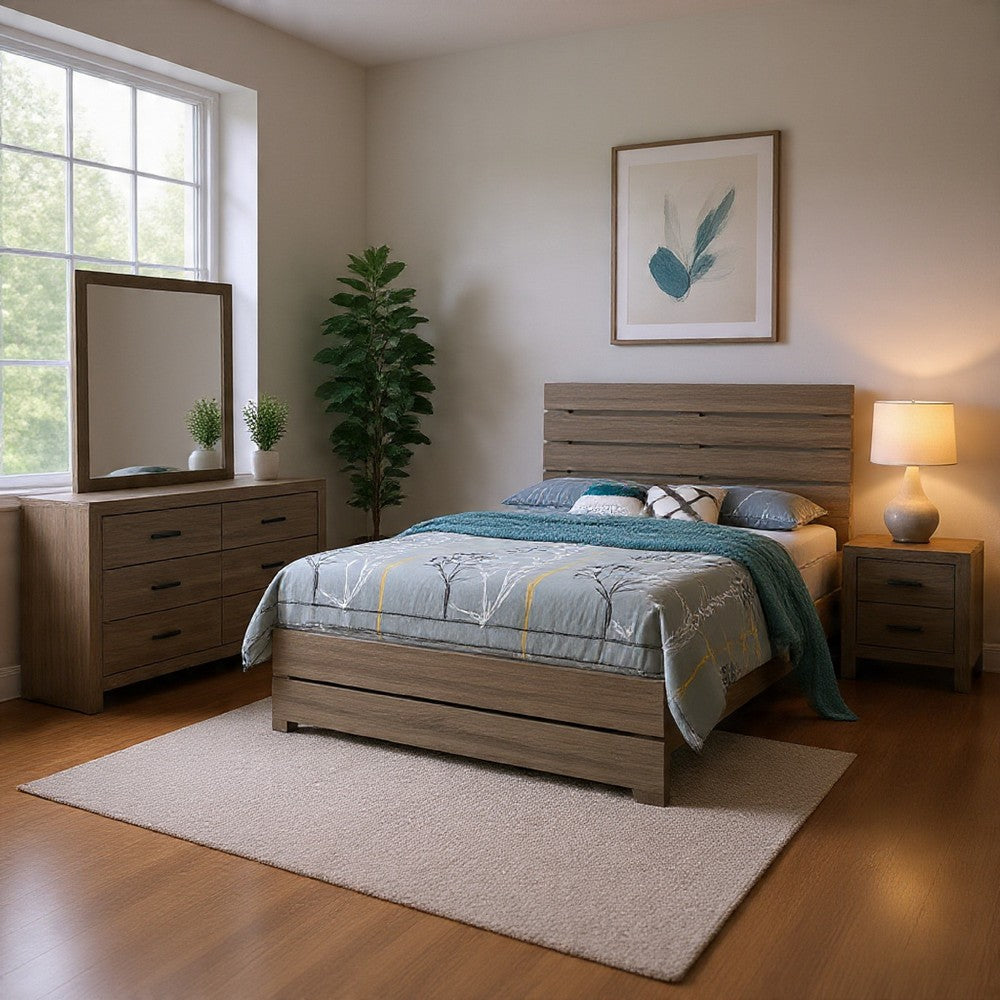 Sili 4pc Queen Bedroom Set with Dresser Mirror | Oak Brown | Bronze