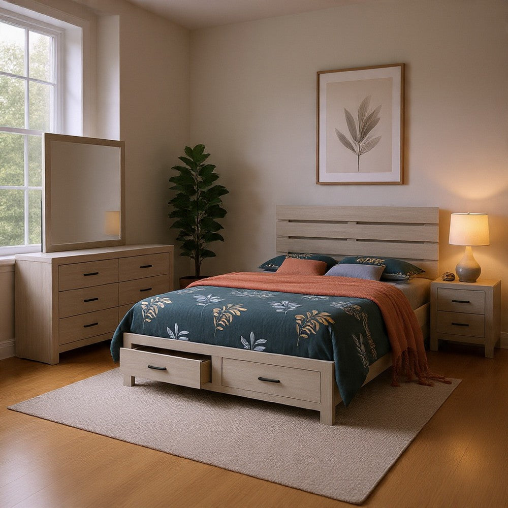 Sili 4pc Queen Storage Bedroom Set | Coastal White and Bronze