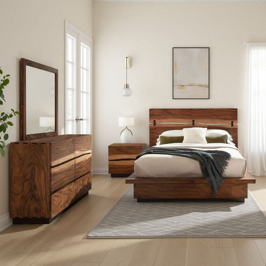 Zeko 4pc Queen Bedroom Set | Plinth Base Live Edge Smoky Walnut Brown