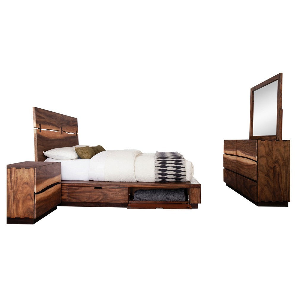 Zeko 4pc Queen Bedroom Set with Storage | Live Edge Smoky Walnut Brown