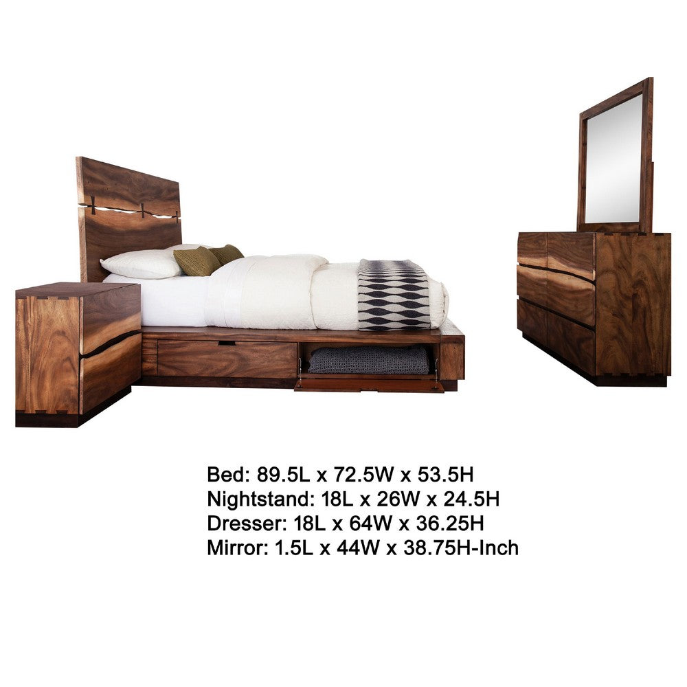 Zeko 4pc Queen Bedroom Set with Storage | Live Edge Smoky Walnut Brown