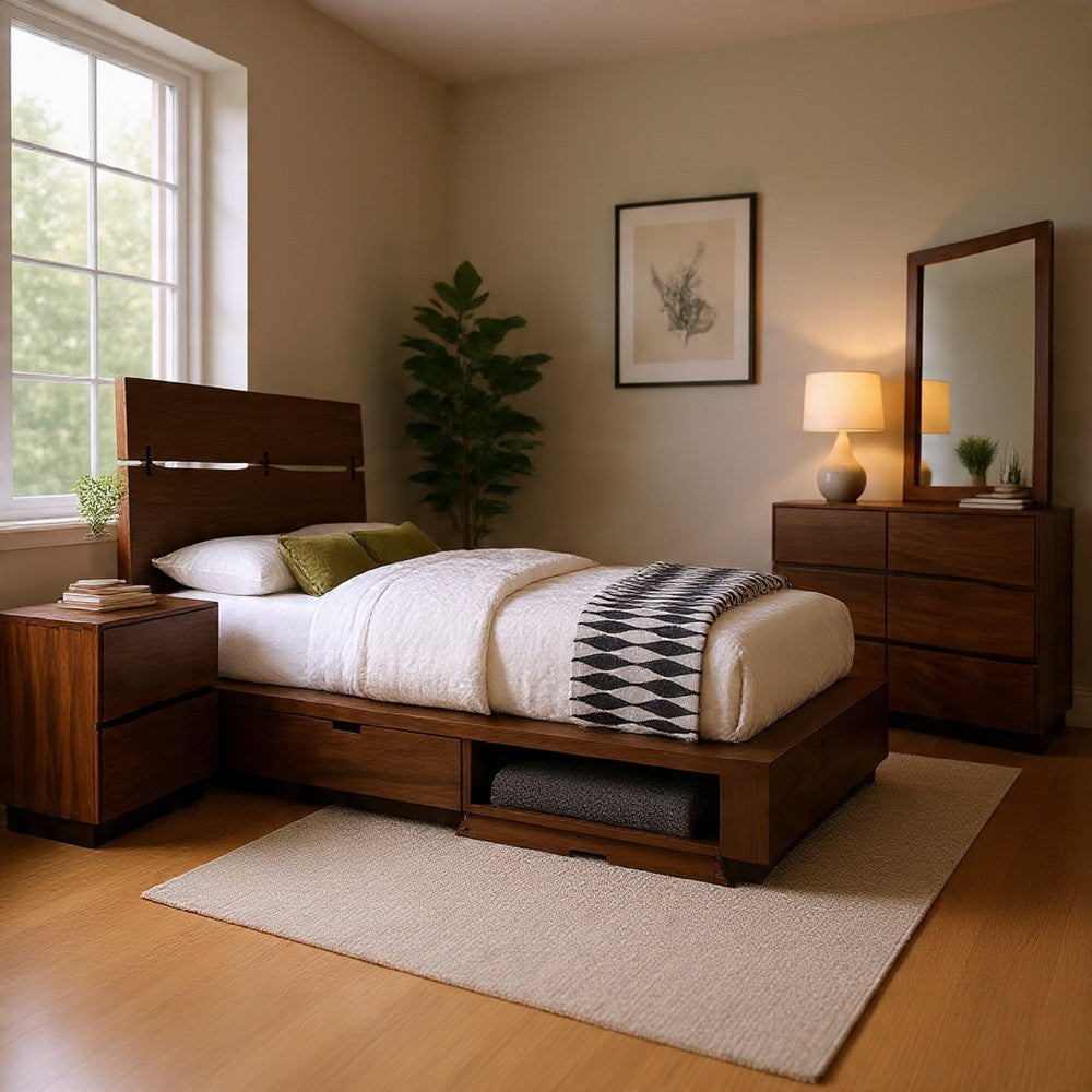 Zeko 4pc Queen Bedroom Set with Storage | Live Edge Smoky Walnut Brown