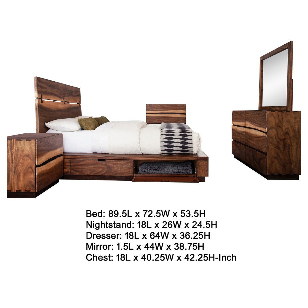 Zeko 5pc Queen Bedroom Set with Storage | Live Edge Smoky Walnut Brown