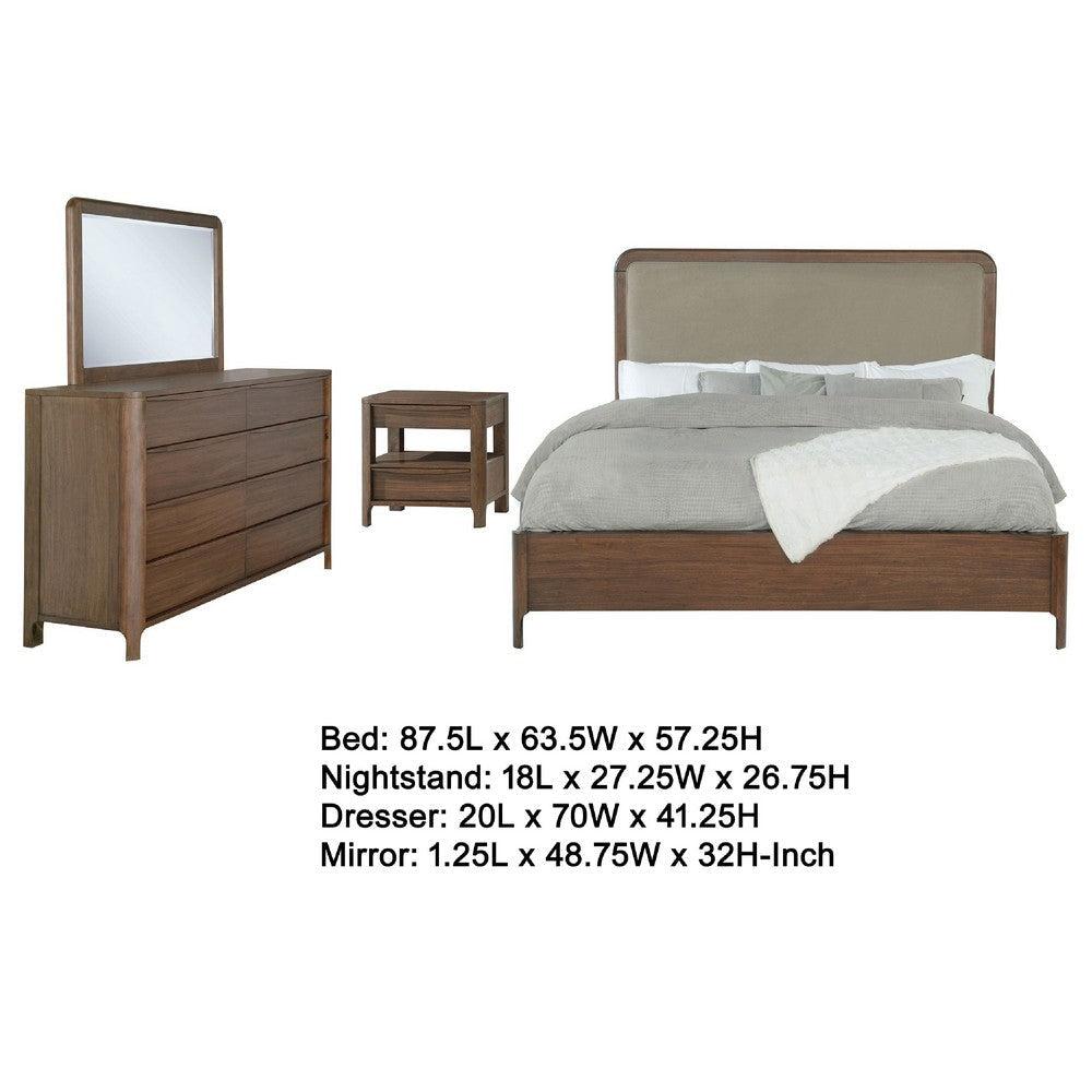 Rie 4pc Queen Bedroom Set | Dresser Mirror | Brown | Beige Upholstery
