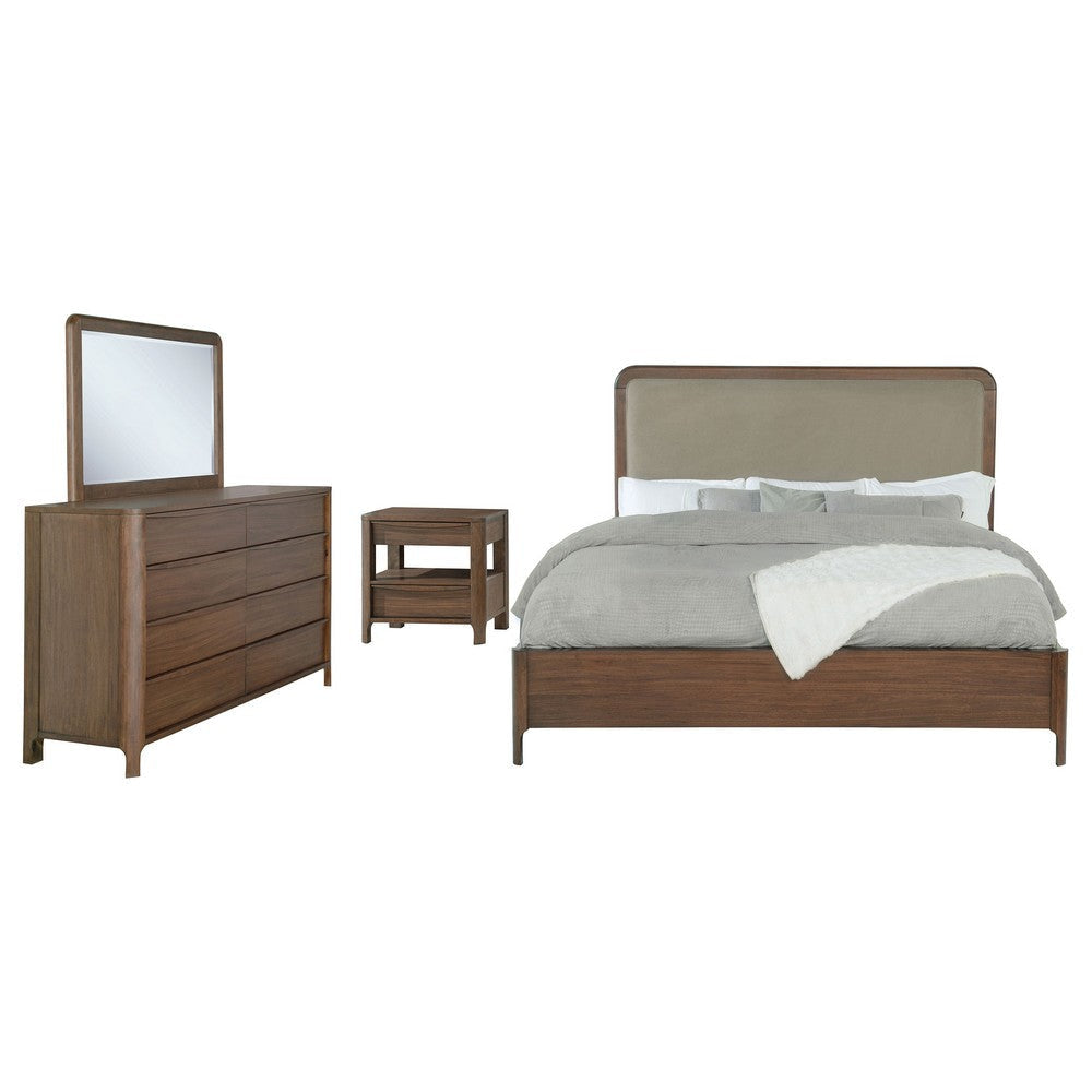 Rie 4pc Queen Bedroom Set | Dresser Mirror | Brown | Beige Upholstery