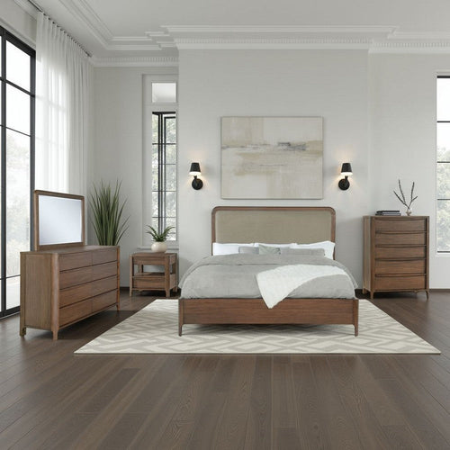 Rie 5pc Queen Bedroom Set | Dresser Mirror | Brown | Beige Upholstery