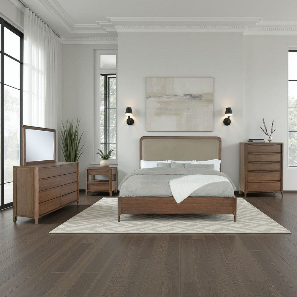 Rie 5pc Queen Bedroom Set | Dresser Mirror | Brown | Beige Upholstery
