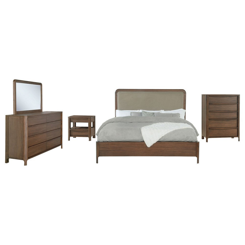 Rie 5pc Queen Bedroom Set | Dresser Mirror | Brown | Beige Upholstery