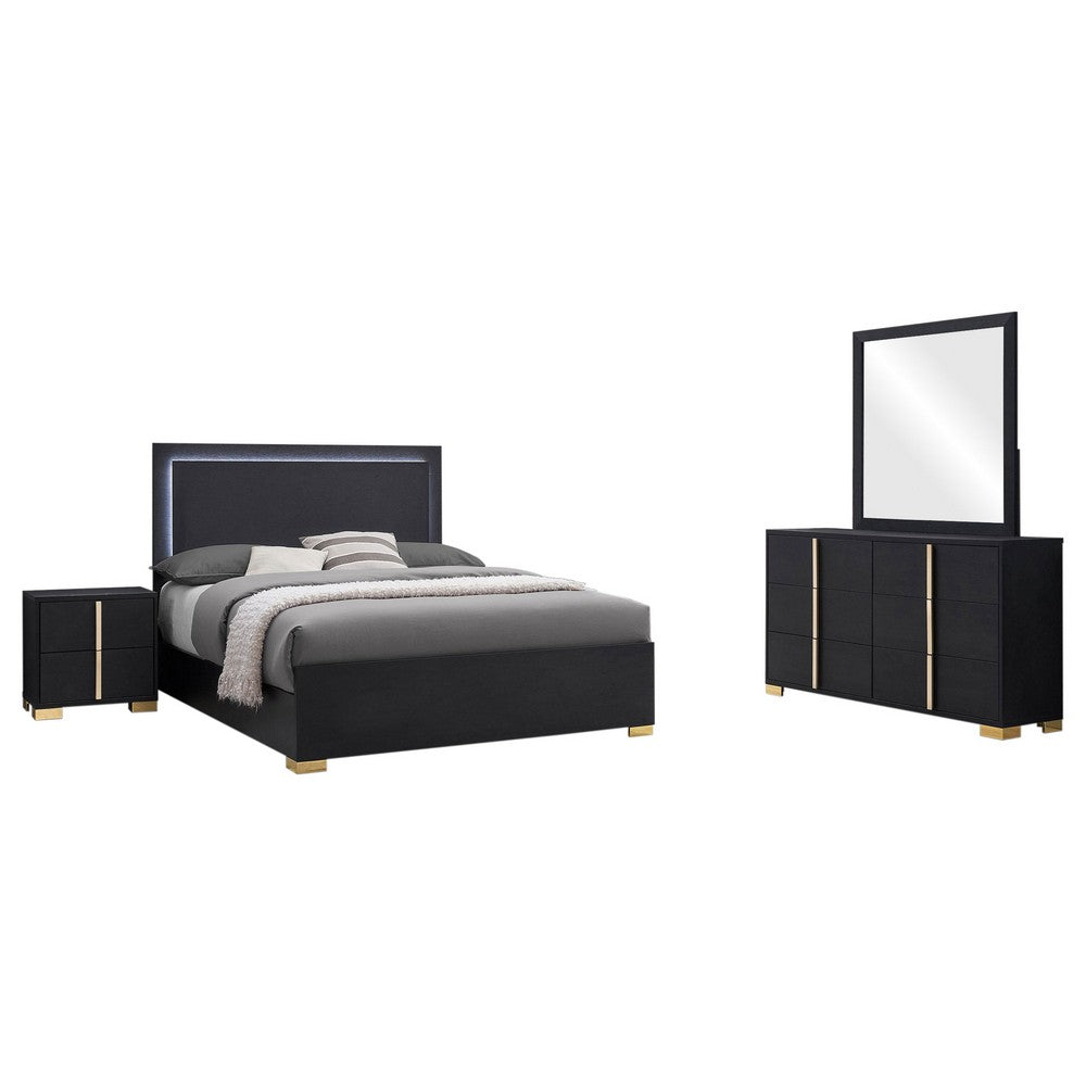 Dex 4pc Queen Bedroom Set with Modern LED Headboard | Mirror | Black