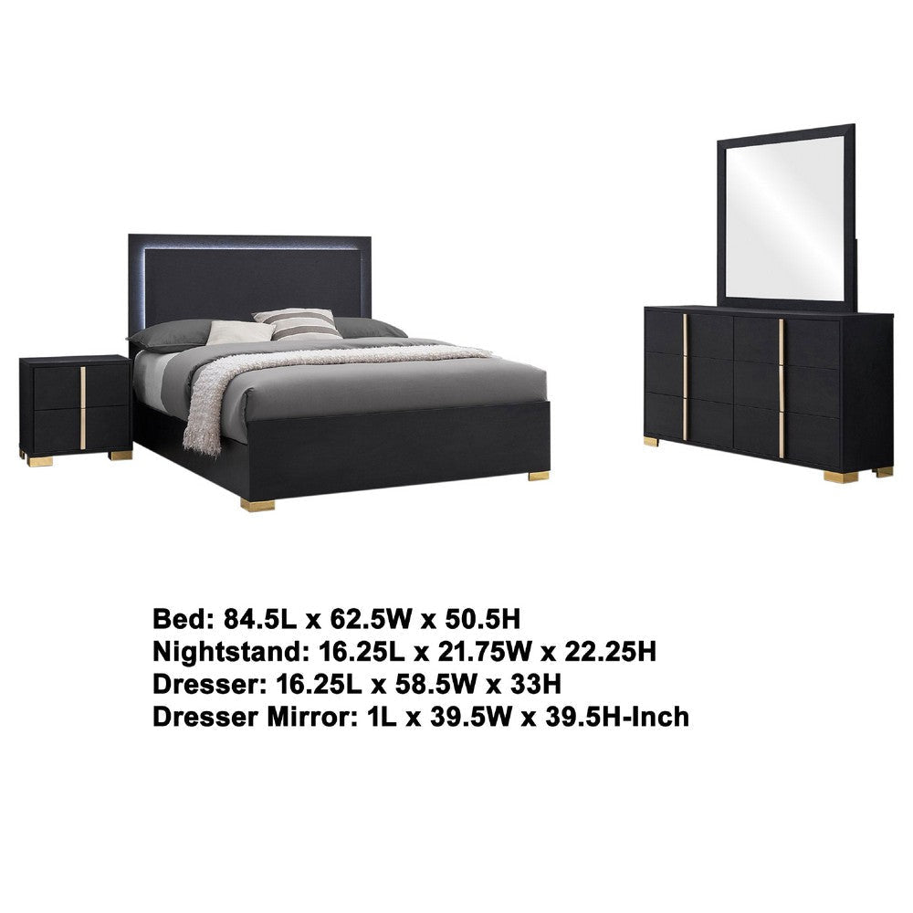 Dex 4pc Queen Bedroom Set with Modern LED Headboard | Mirror | Black