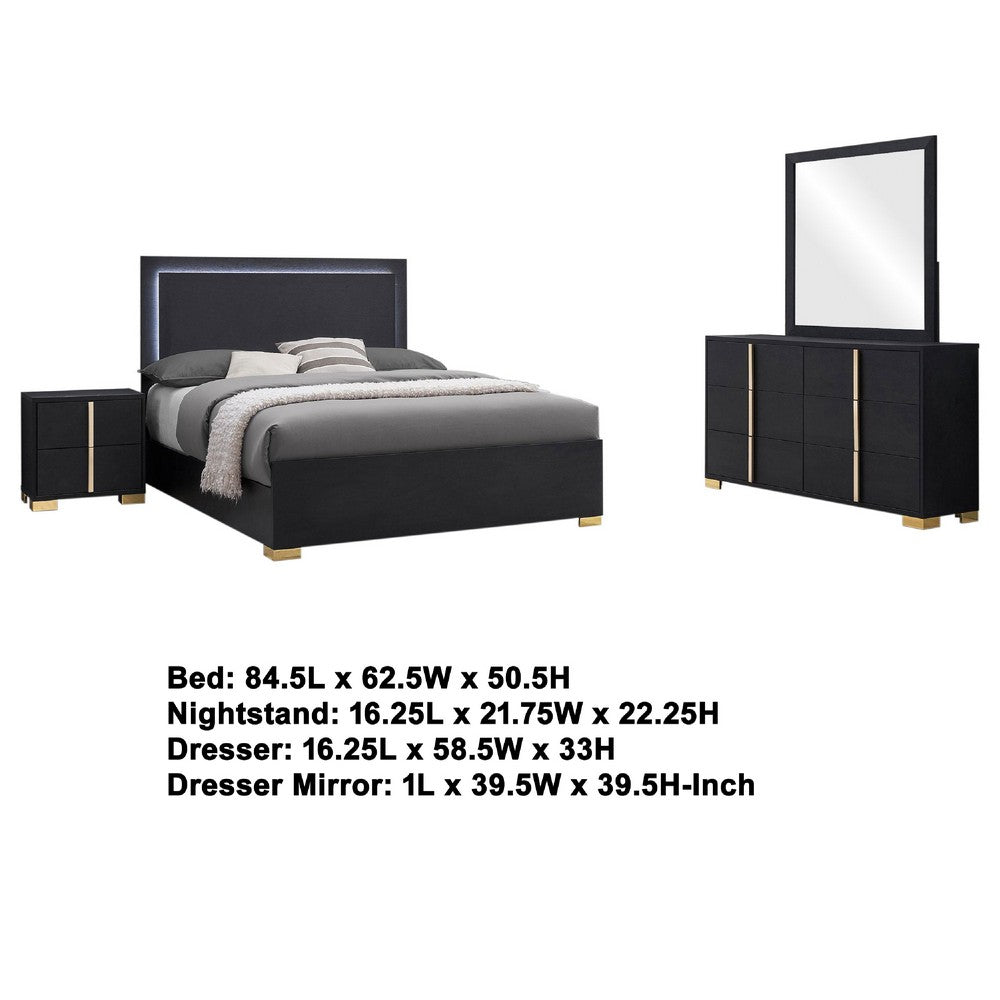 Dex 4pc Queen Bedroom Set with Modern LED Headboard | Mirror | Black