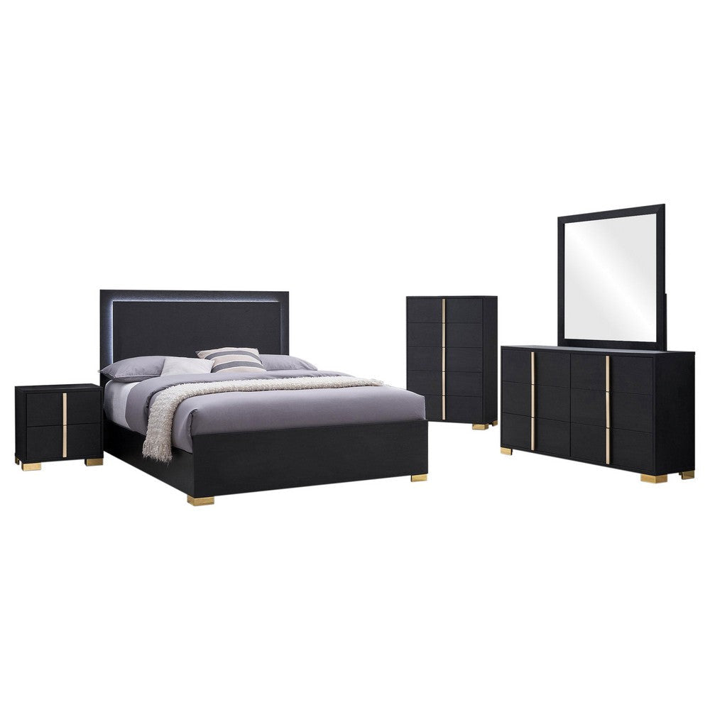 Dex 5pc Queen Bedroom Set with Modern LED Headboard | Mirror | Black
