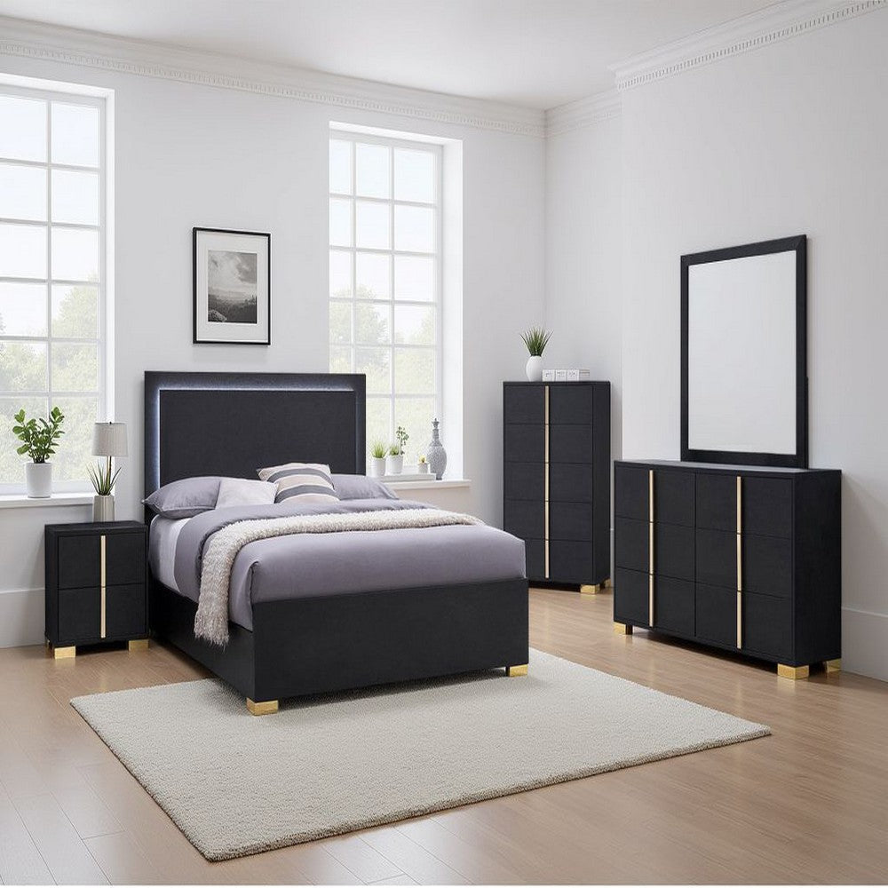 Dex 5pc Queen Bedroom Set with Modern LED Headboard | Mirror | Black
